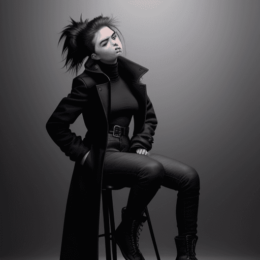AI generated: photography, fullr body, female model in dramatic side pose, leaning backwards at 15-degree angle, h...