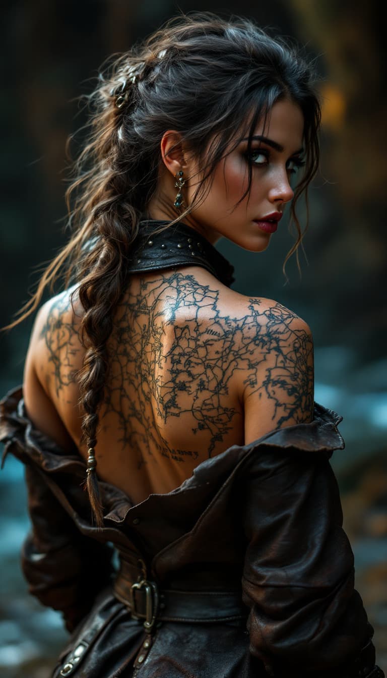 AI generated: Super detailed 8K Low-angle shot full-body portrait of an alluring female pirate captain, back turne...