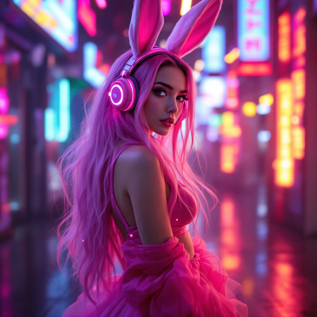 AI generated: The pink bunny girl in the cyber world is a cyberpunk (full body photo), with beautiful long hair, w...