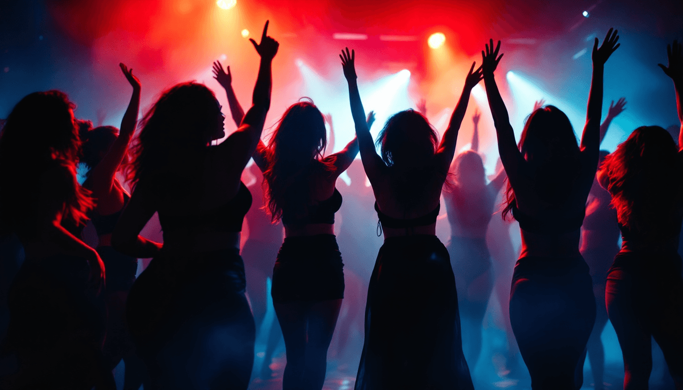 AI generated: Group of Stunning Curvy young Women dancing energetically in a vibrant nightclub.  Multiple figures,...