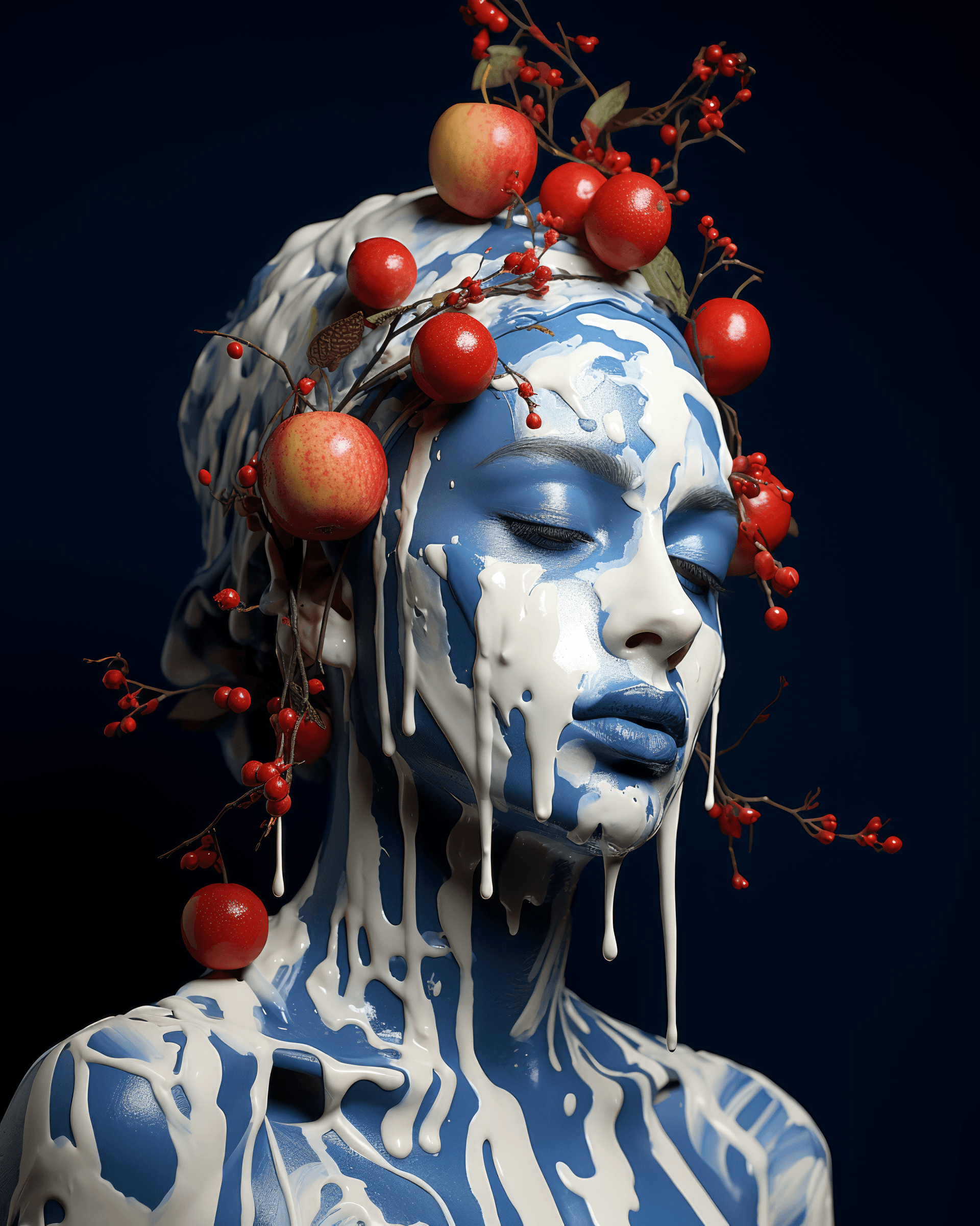 AI generated: a mural of white woman with porcelain skin on a blue wall with fruit on her head, in the style of in...