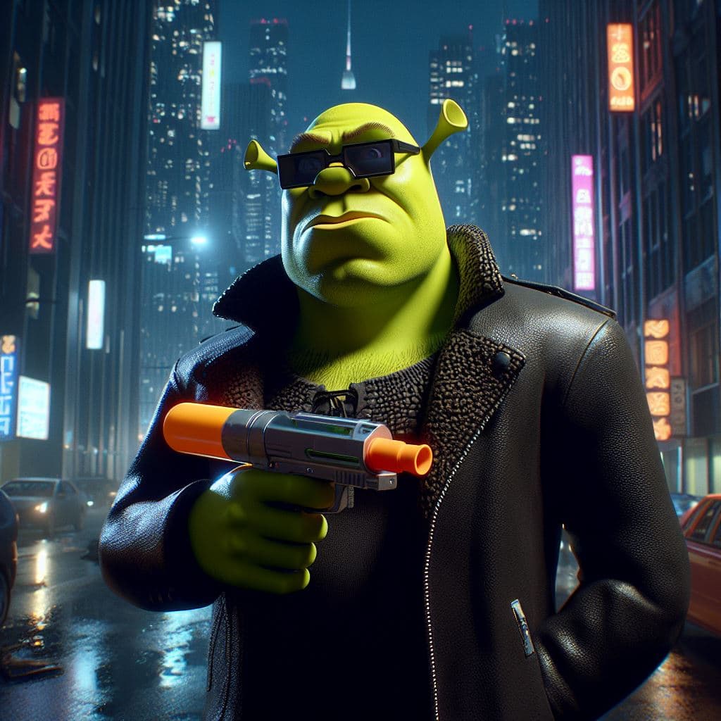 AI generated: Crea un render 3D de Shrek serio con una pistola de agua en la mano y el fondo de unos edificios de ...