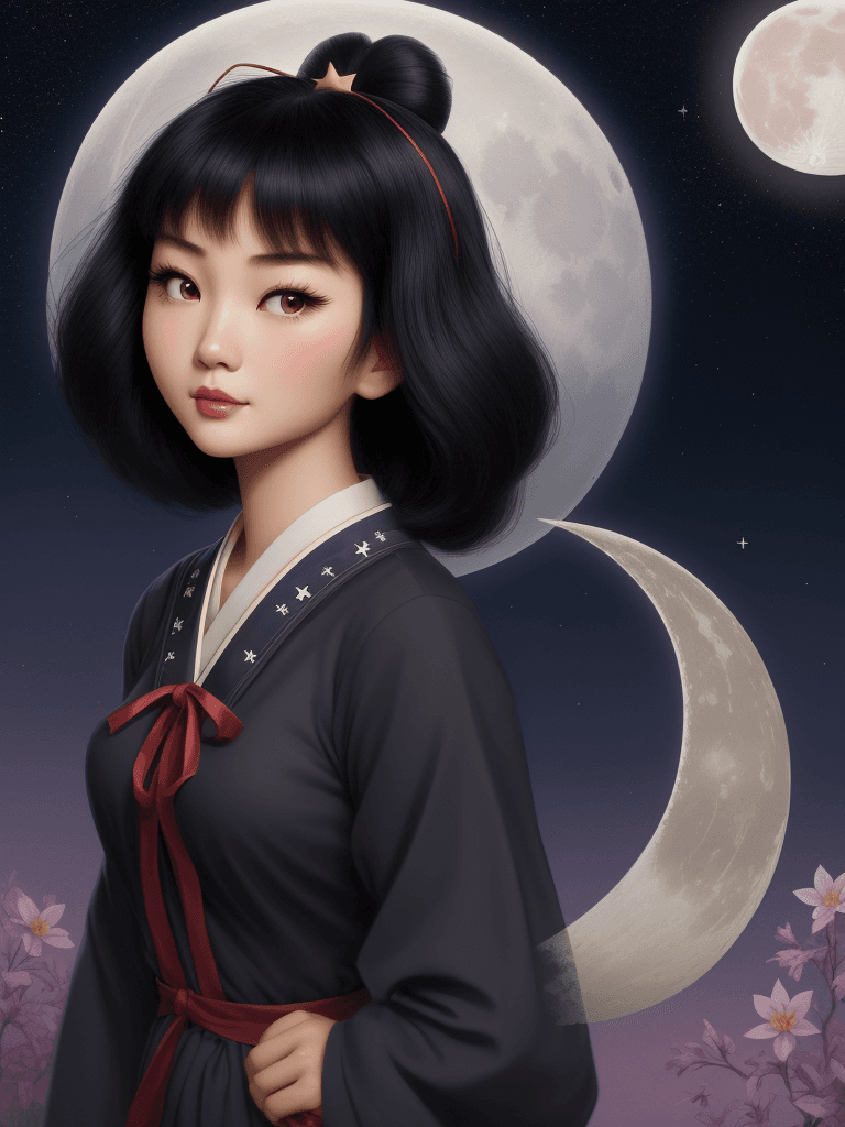 AI generated: pretty asian woman, face, moon, stars, cute, classic, ribbon, disney style, black hair