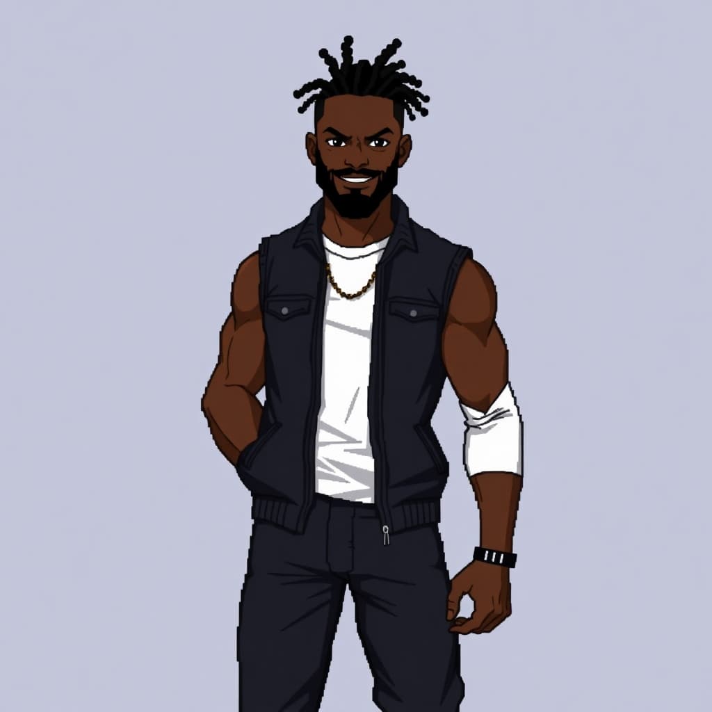 AI generated:  pixelated art style from the SNES era, a black male with an Espresso skin tone, black locs, a full ...