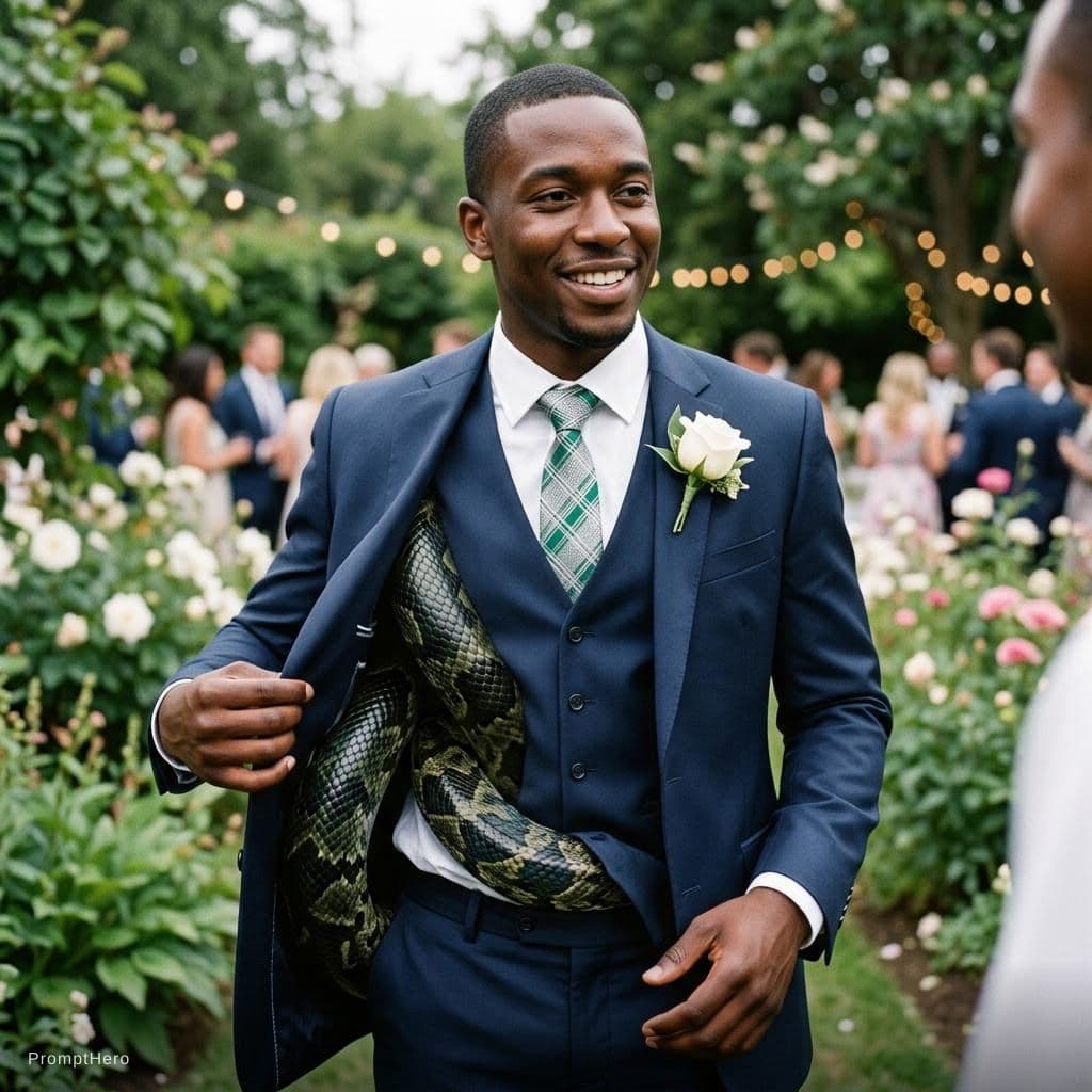 AI generated: African American man in wedding attire, the face of a man but underneath the suit was a snake