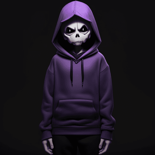 AI generated: small adolescent with a purple hooded sweater, black pants,Sans from undertale, skelton, wearing pur...