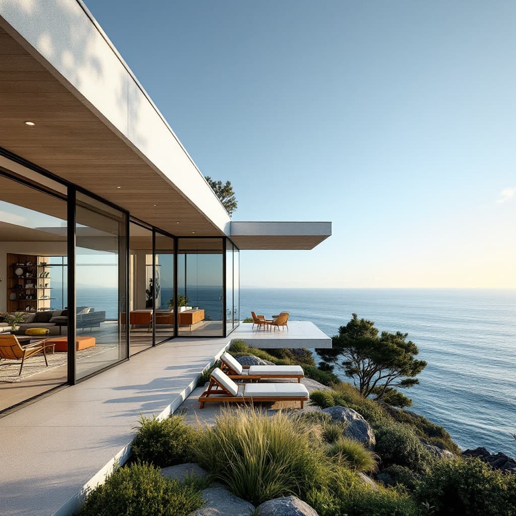 AI generated: Hyper realistic eye level exterior photo of a mid century modern style house overlooking the ocean, ...