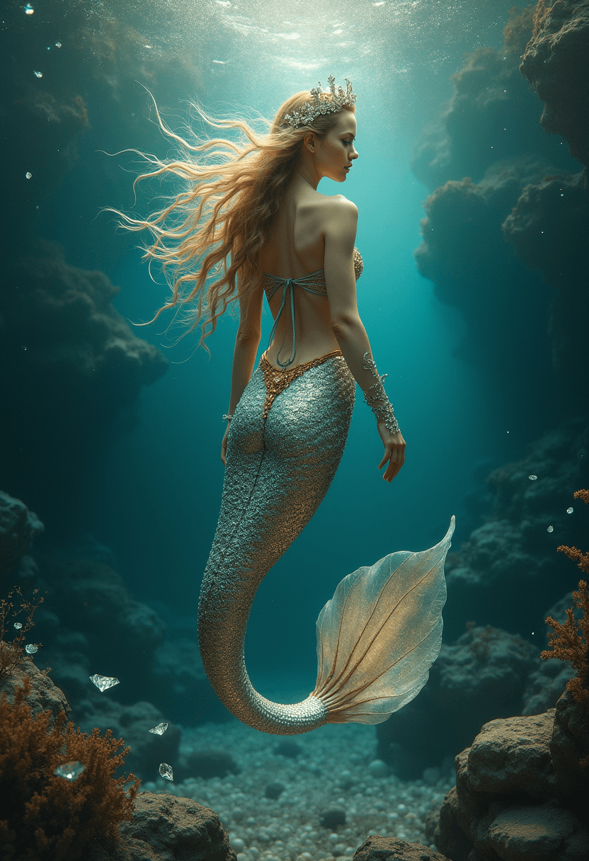 AI generated: Mystical ethereal siren mermaid swimming deep in the oceans abys surrounded by elements of gold silv...