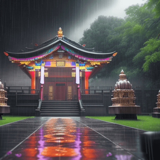 AI generated: a realistic cover photo for youtube about healing,meditation, spiritual kind, at a temple, raining, ...