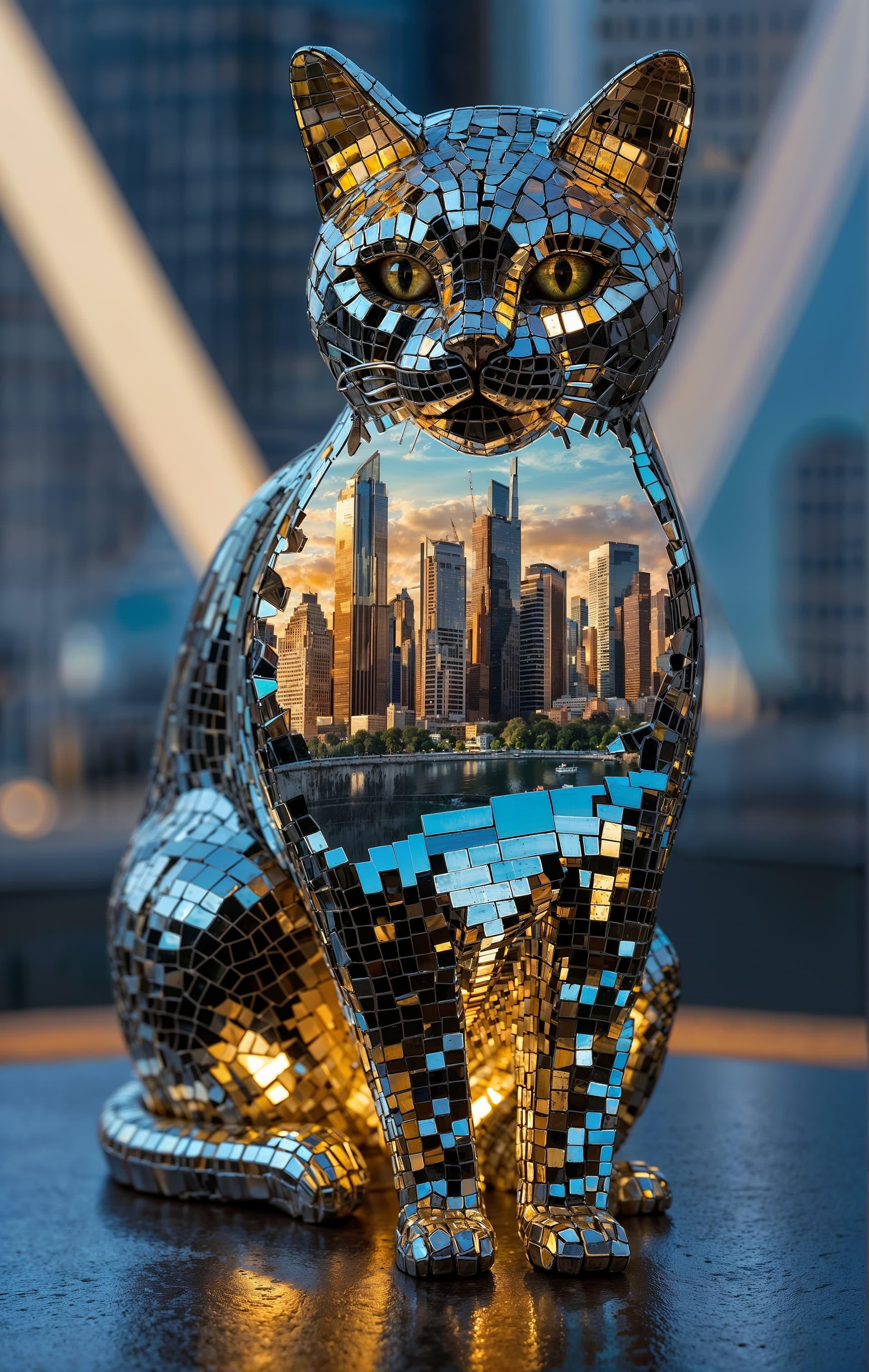 AI generated: A captivating 3D sculpture of a cat, meticulously crafted using an enchanting array of tiny transpar...