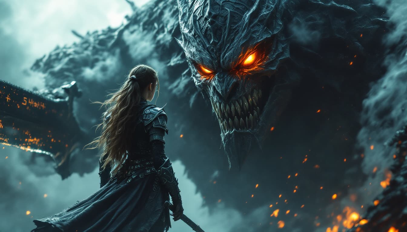 AI generated: In this captivating dark fantasy cinematic photo, a powerful barbarian woman dressed in light chainm...