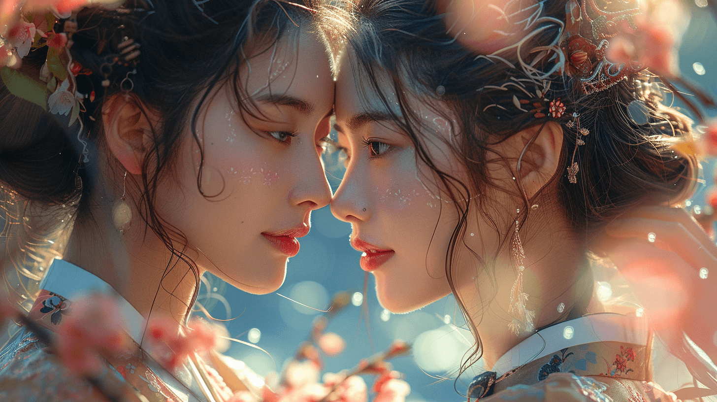 AI generated: set in the Joseon period two Korean girls, kissing, realistic, photography effects, light gauze, han...