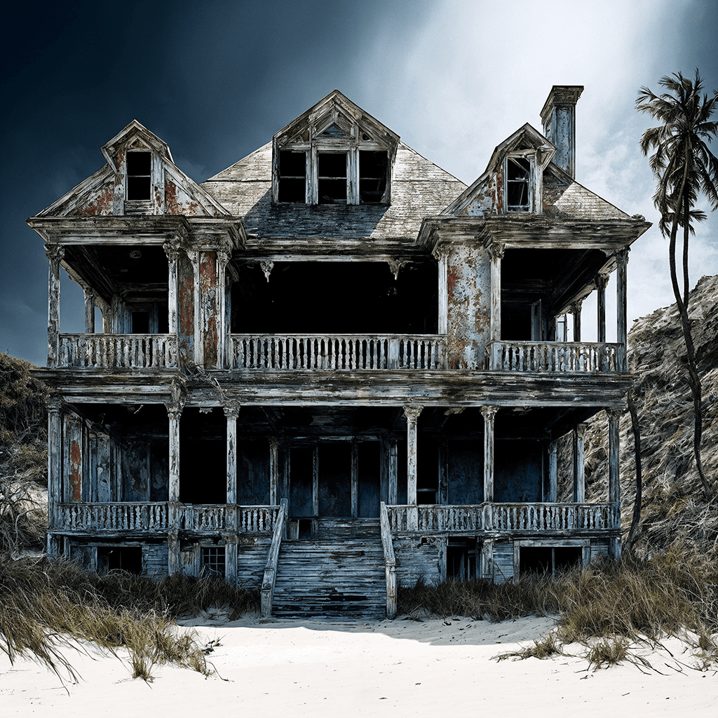 AI generated: ([hdr, film still] lifelike textures),abandoned beach mansion cel shaded