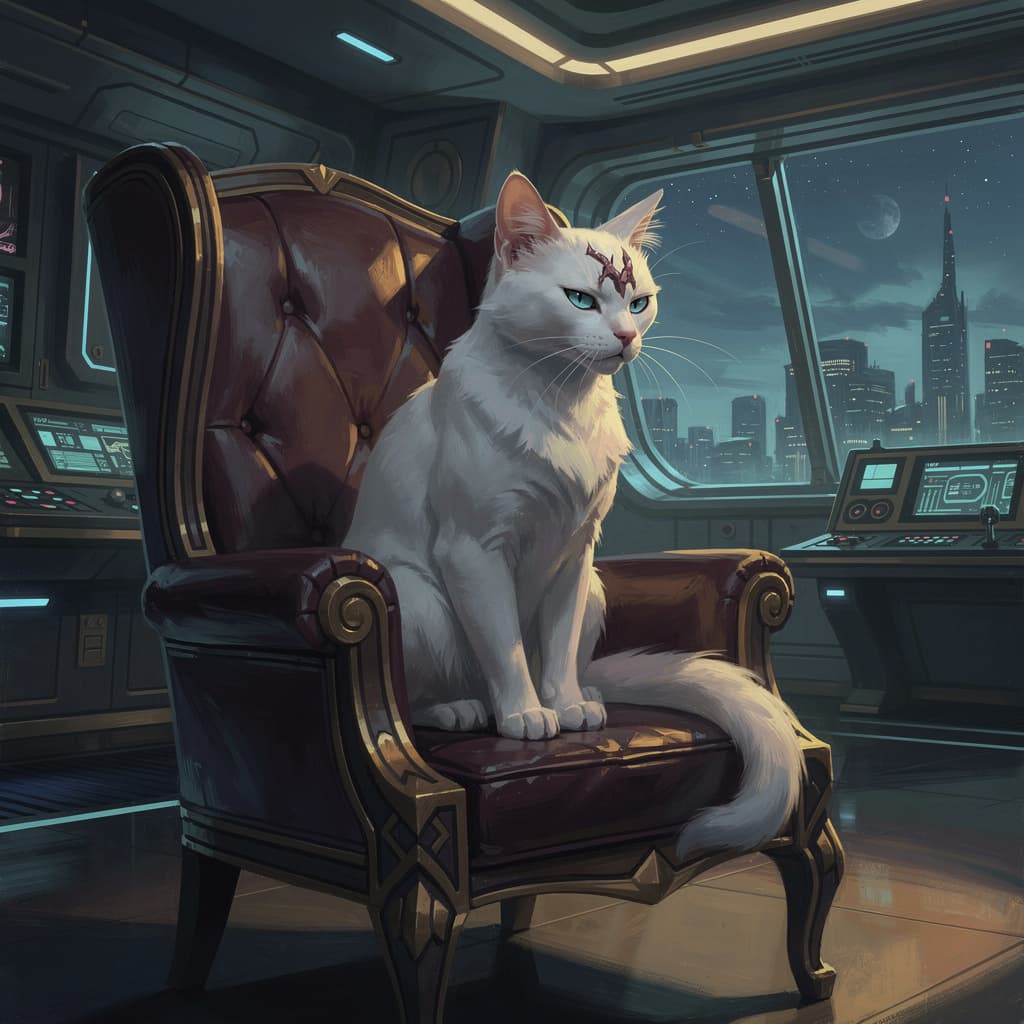 AI generated: genera una imagen de un gato blanco sobre un sillón, busco una estética de villano de james bond. qu...