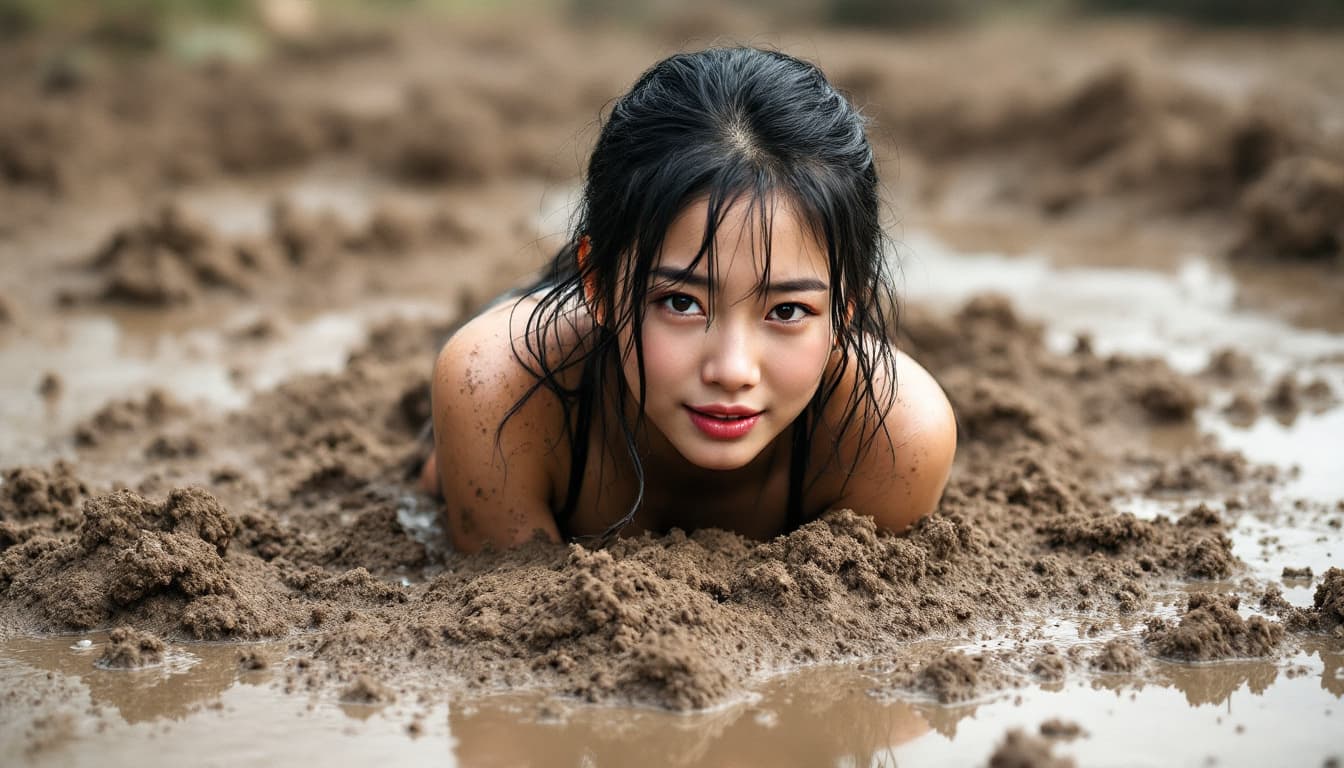 AI generated: a Asian girl in mud