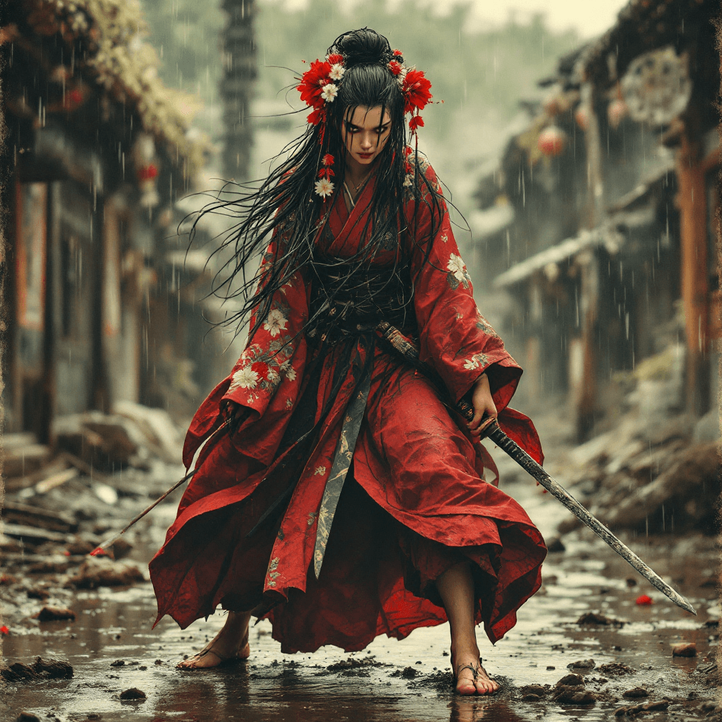 AI generated: Vintage urban Asian art, distressed poster style, Full body view of a fierce samurai woman of Japane...