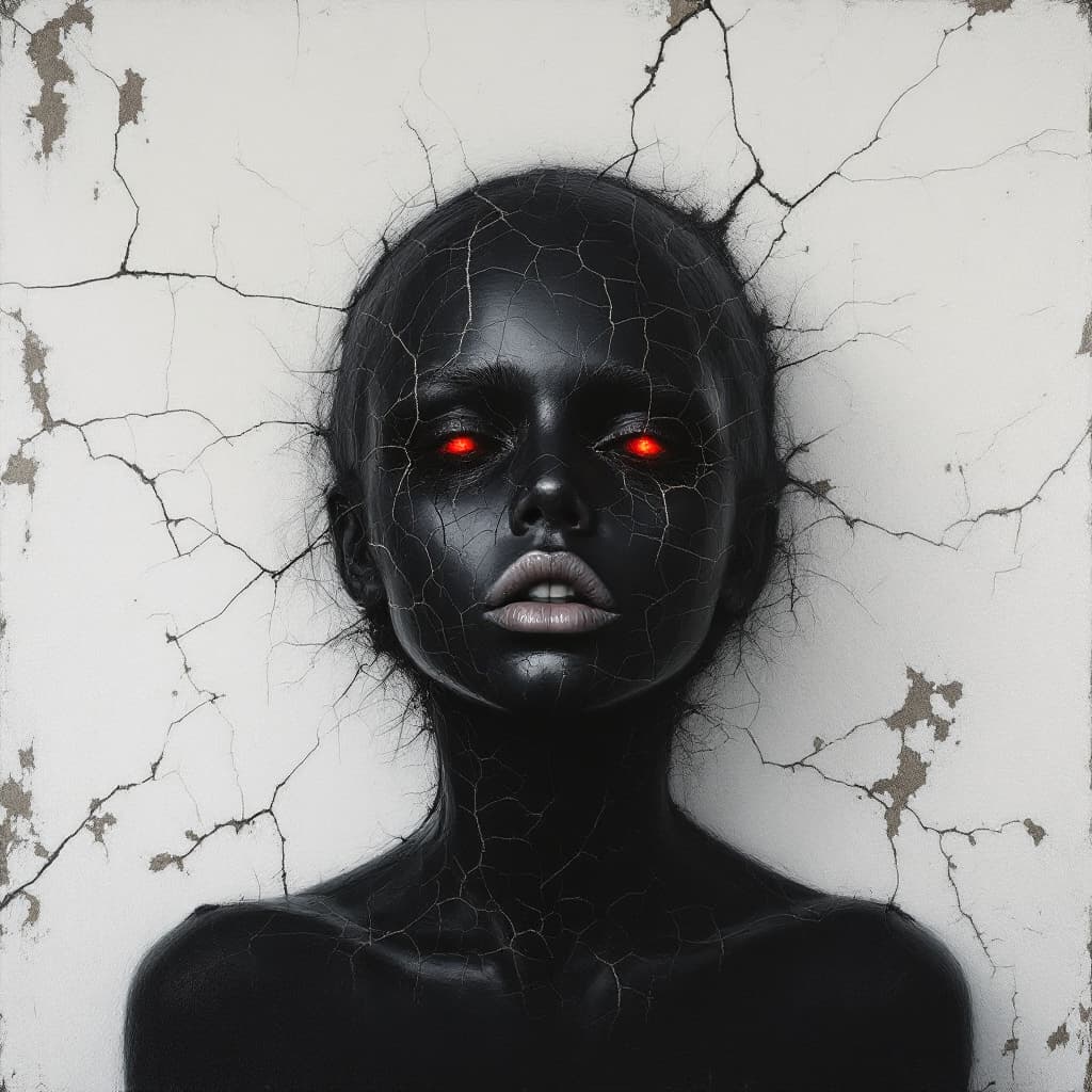 AI generated: The head of the girl is made up entirely from cracked black paint, with her lips visible through cra...