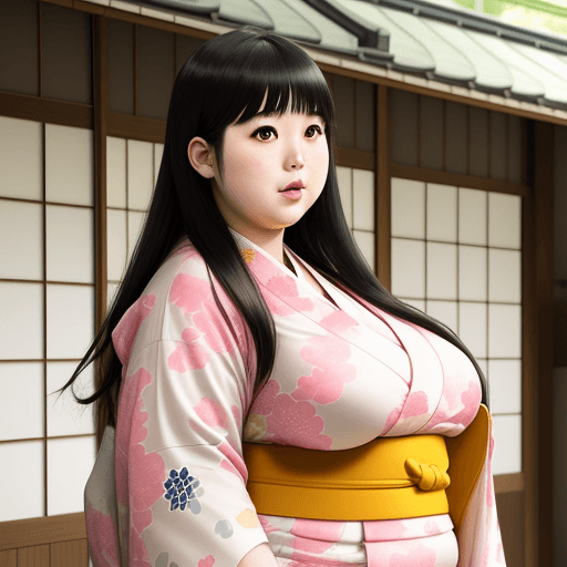 AI generated: Japanese Anime-like girl with fat body, huge belly hanging out, fatter triple chin face, wearing Kim...