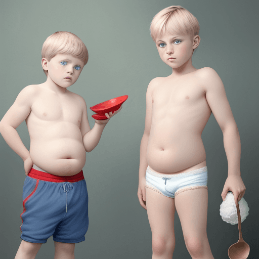 AI generated: A full length view of two 10 year old Caucasian boys with light blonde hair, short bowl cut and blue...