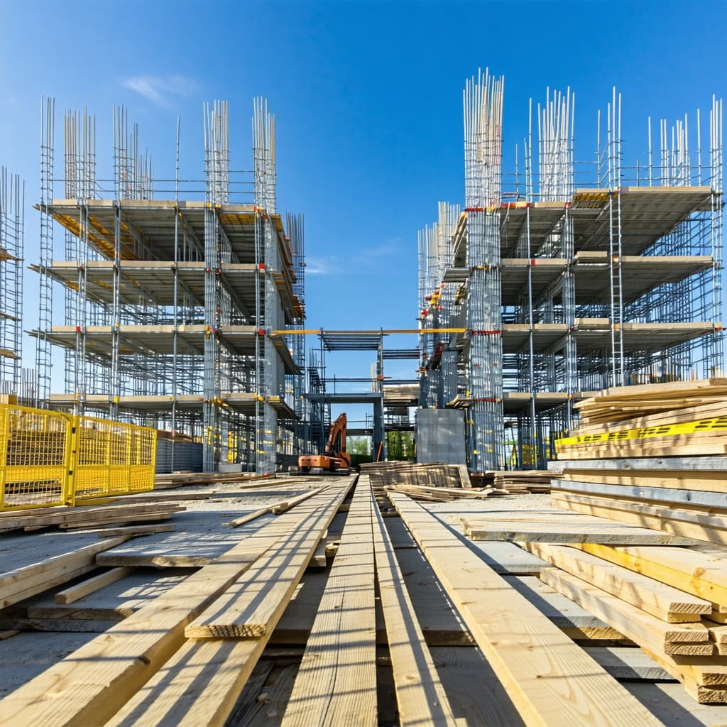 AI generated: a construction site with heavy scafoolding around , all scafoolding is on a wood plank