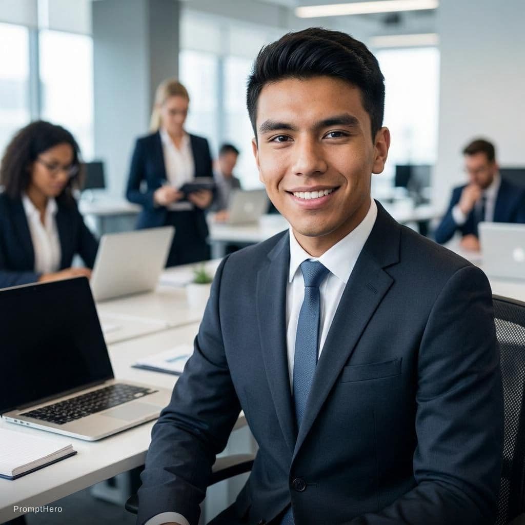AI generated: with smile background office with noutbuks and he si on the suit
