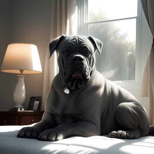 AI generated: gray cane corso sleeping in a house with lamps in the background and a large bed with sunlight comin...
