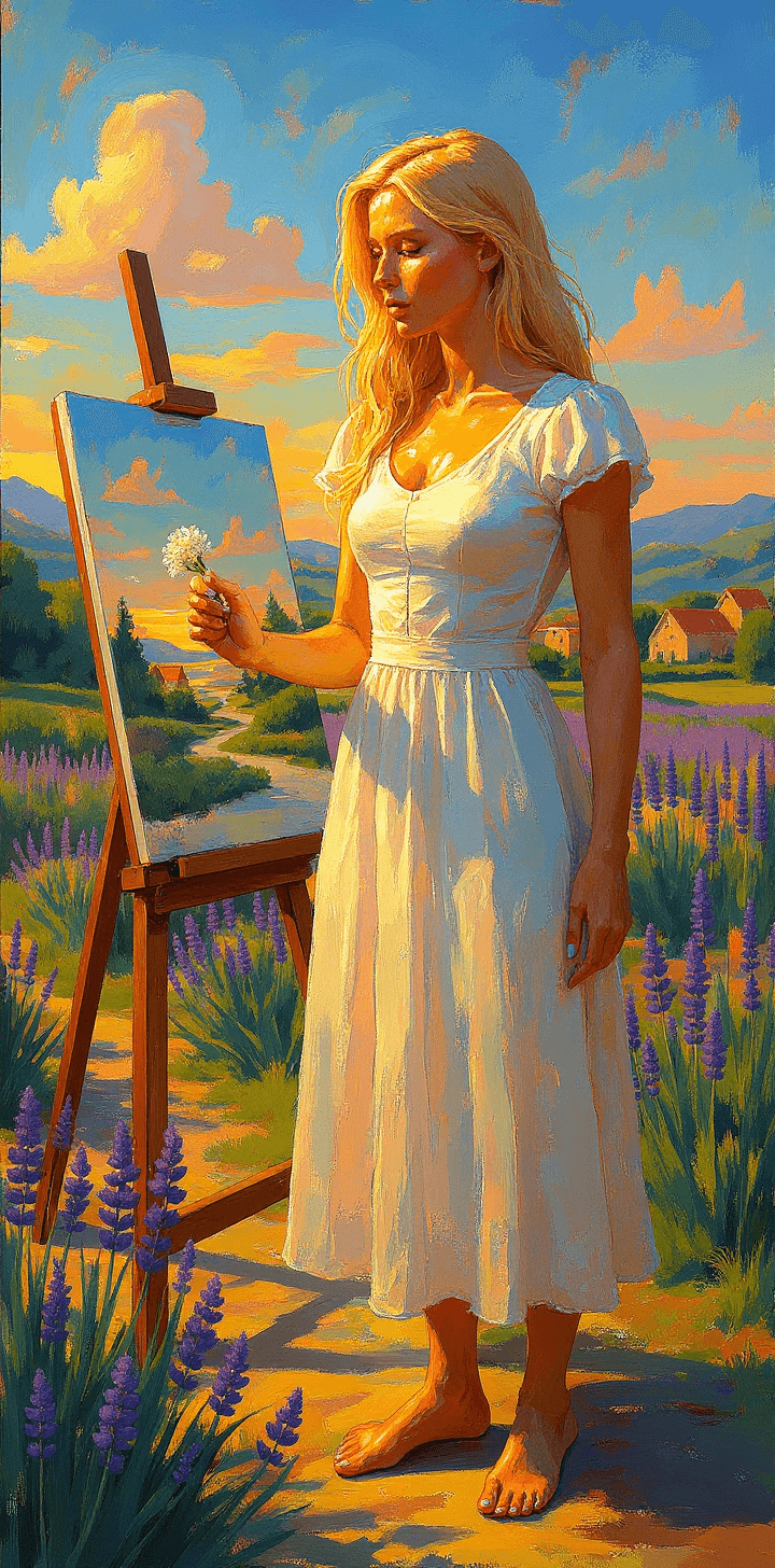 AI generated: portrait of a long blonde hair woman, in the style of Greg Hildebrandt, provance landscapes, a woman...