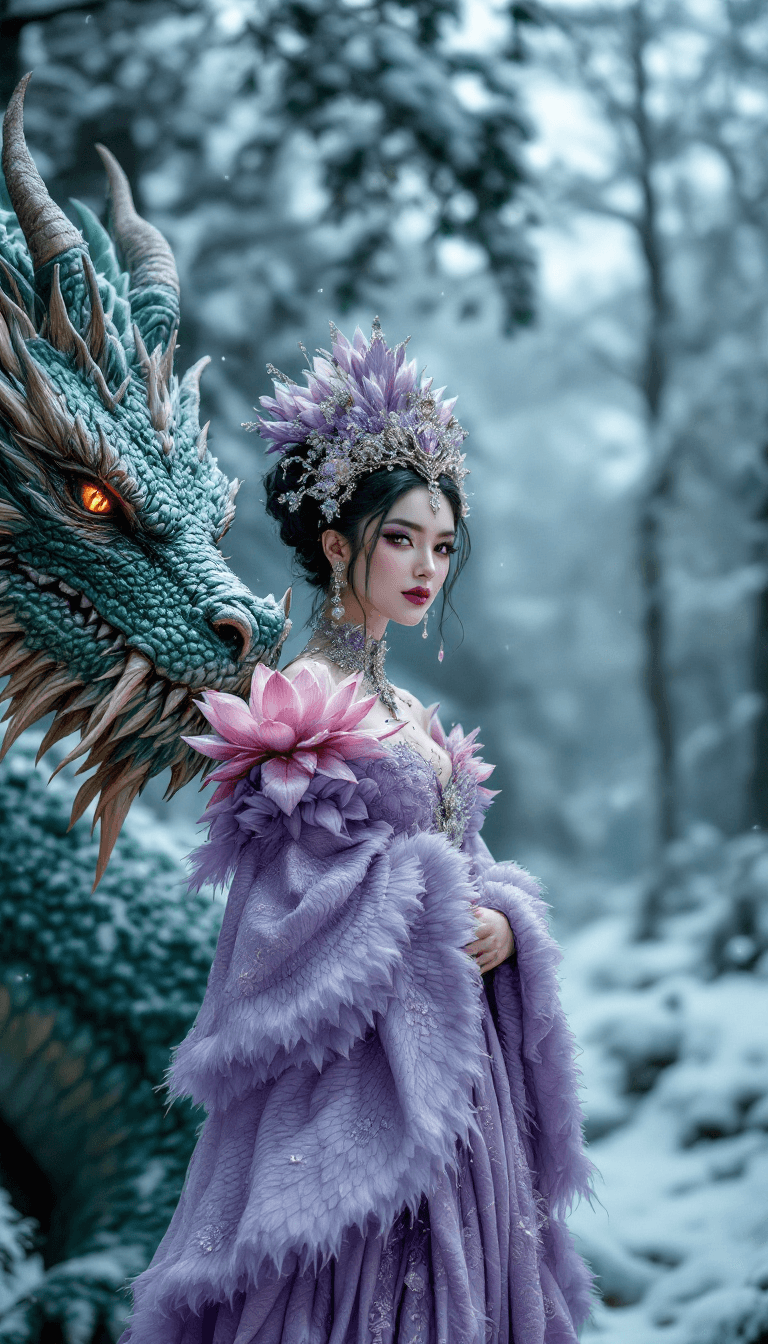 AI generated: candid closeup photo of an eccentric traditional lotus queen, standing next to a gigantic real green...