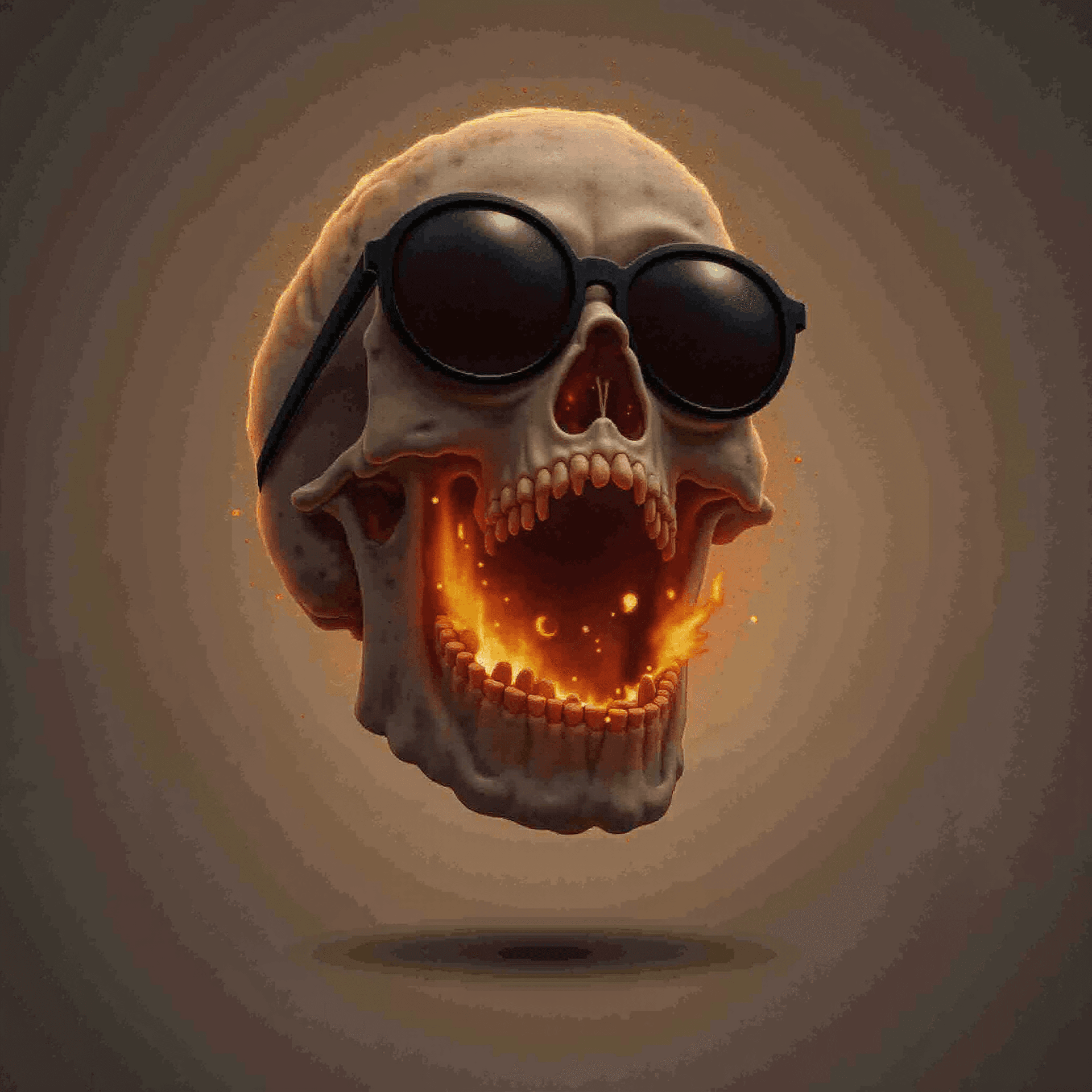 AI generated: Photorealistic picture of a floating skull wearing sunglasses. It's centered, yelling while on fire ...