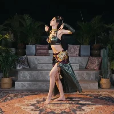 AI generated video:  Hyper-realistic video of a professional  dancer performing a sensual dance  on a stone terrace deco...