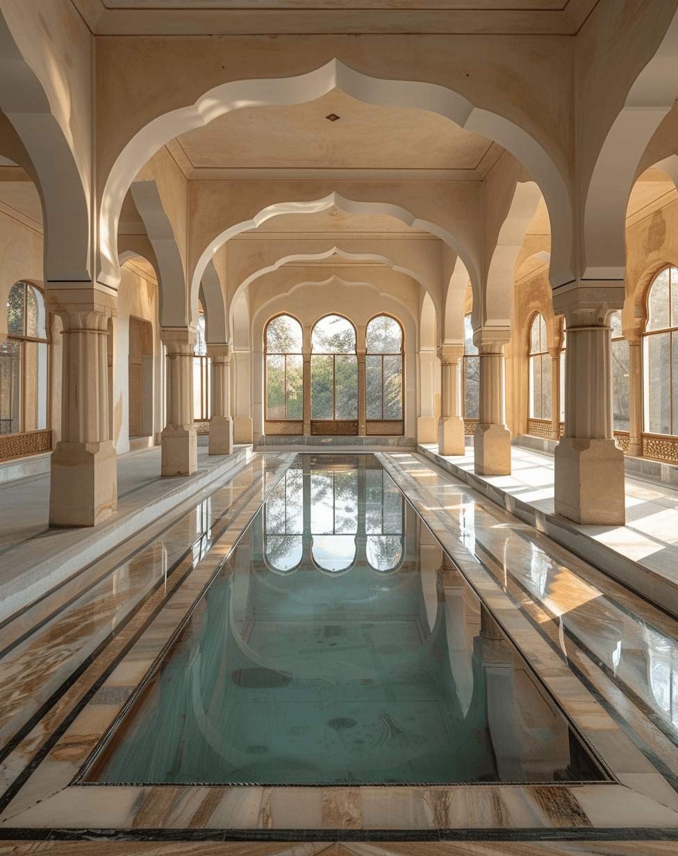 AI generated: photograph of an Indian house interior, with a marble floor and arches, natural light, a reflecting ...