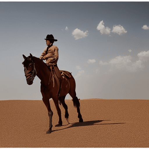 AI generated: surrealistic, hero, on horse, riding in desert