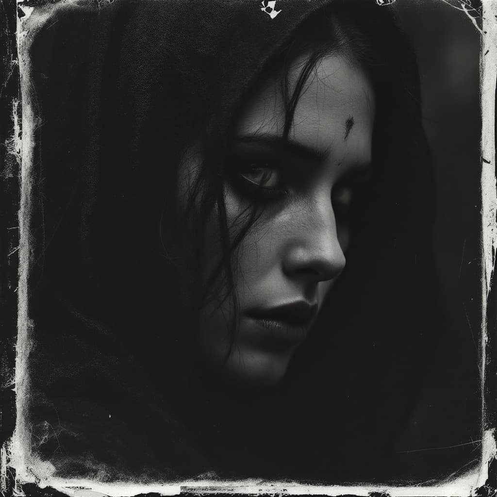 AI generated: woman, old polaroid photo, medieval, sad mood, b&w