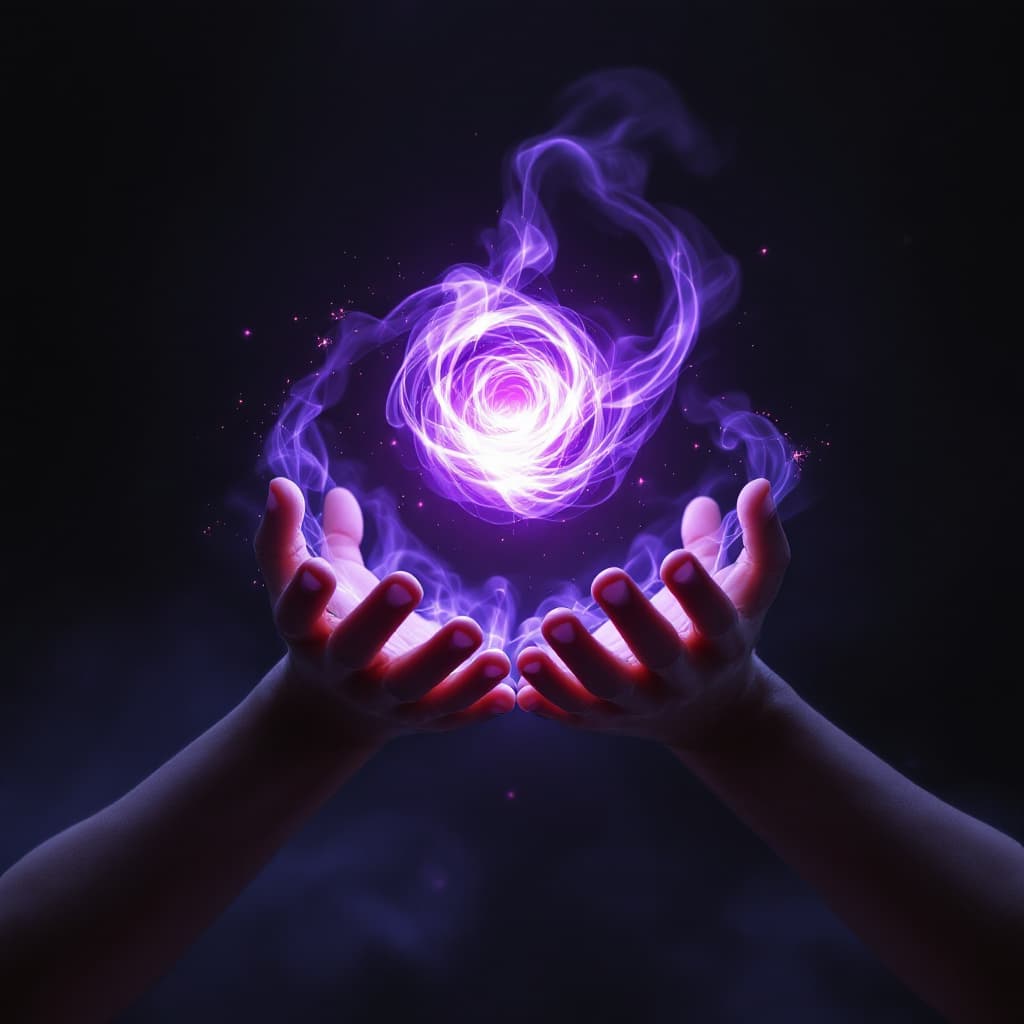 AI generated: A pair of outstretched human hands conjuring a swirling purple energy orb, glowing with ethereal lig...