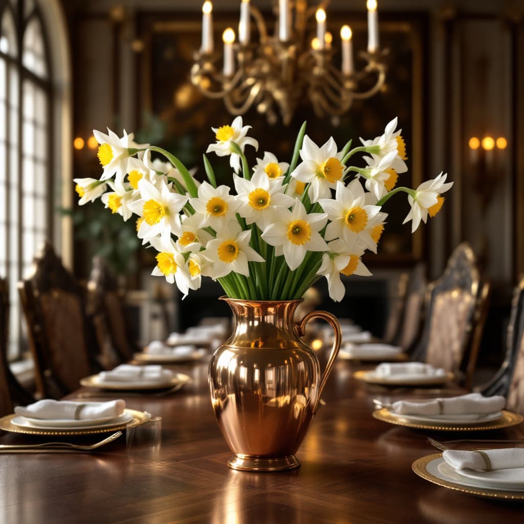 AI generated: A Copper pitcher vase full of (( white daffodils )) sit on top of a grand table with 8 place setting...