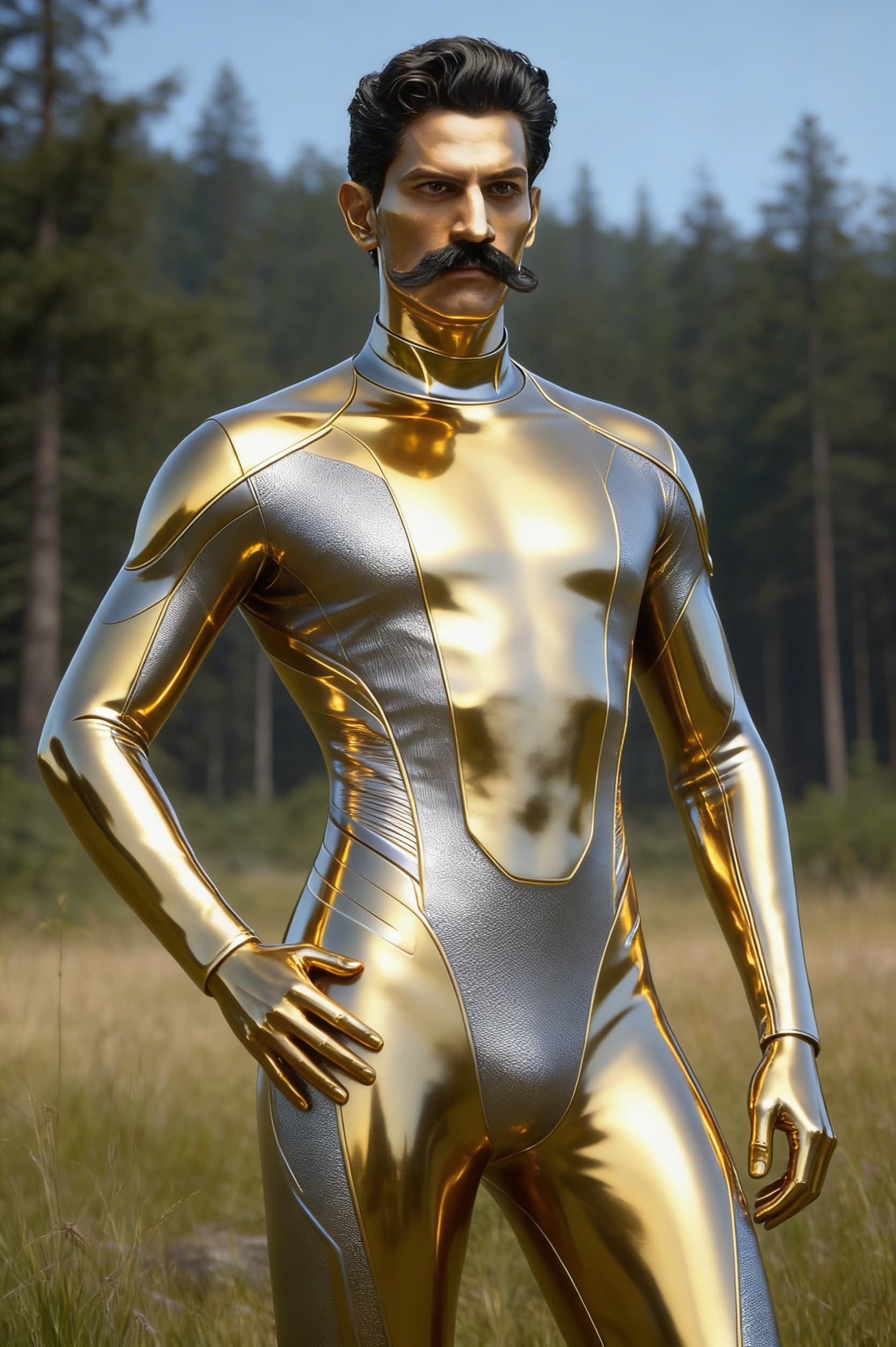 AI generated: Be inspired and create from reference. a golden-silver being, powerful, loving. From flesh to sleek ...