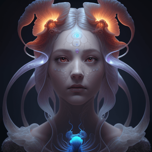 AI generated: Goddess close-up portrait ribcagel. jellyfish phoenix head, nautilus, orchid, skull, betta fish, bio...