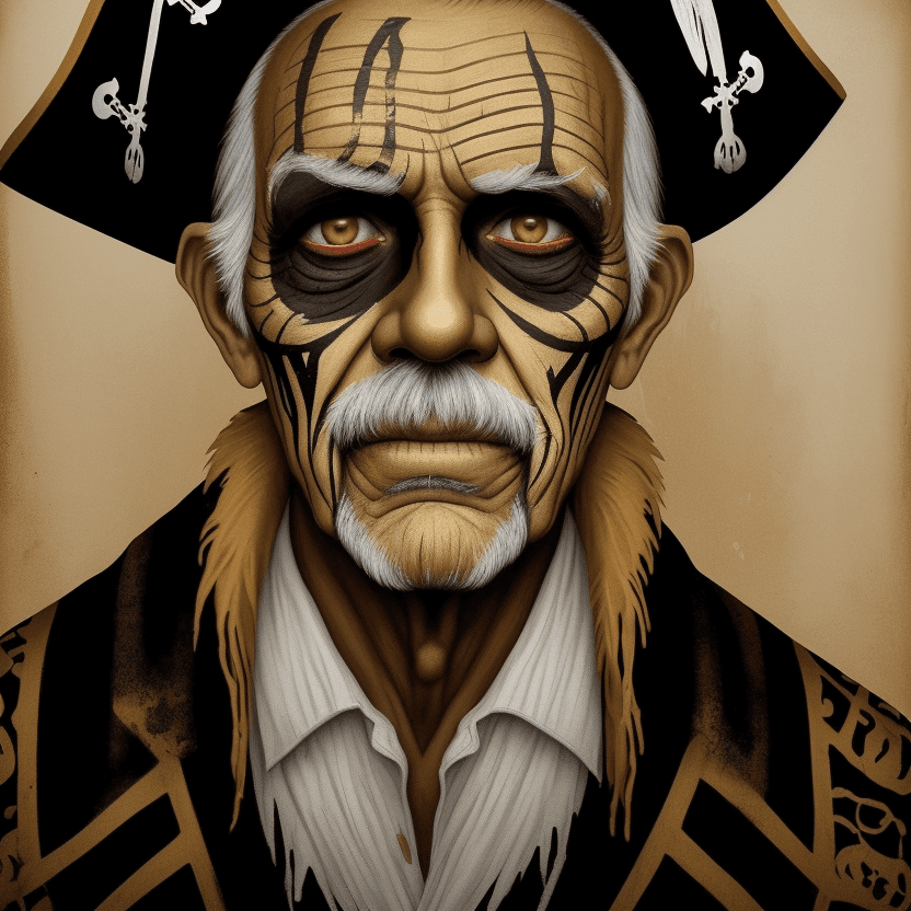 AI generated: portrait of an elderly man with painted face in golden brown with white outline, in the style of pir...