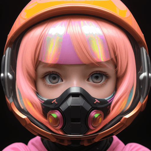AI generated: a Close up of a Girl's head  with a holographic Helmet - In bright Orange and Hot Pink and yellow,  ...