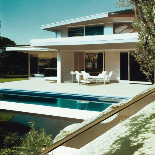 AI generated: Hyper realistic eye level exterior photo of a mid century modern style house overlooking the ocean, ...