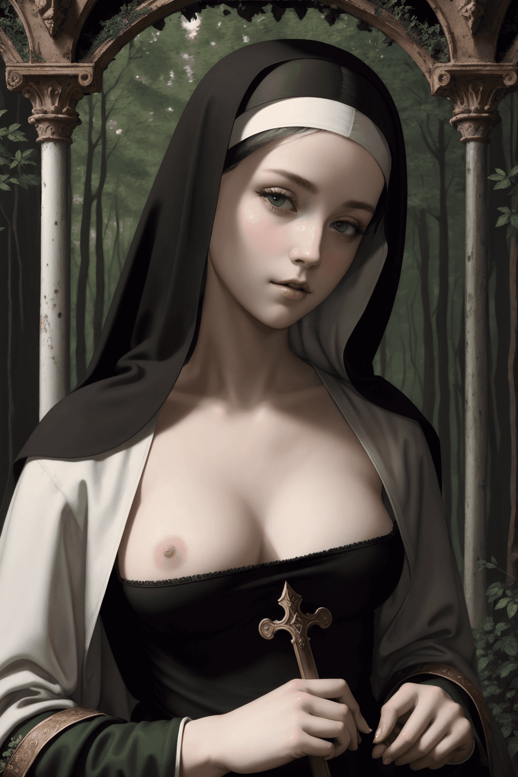 AI generated: nsfw, cracked renaissance painting by michelangelo (one naughty nun) in a dense green forest, detail...