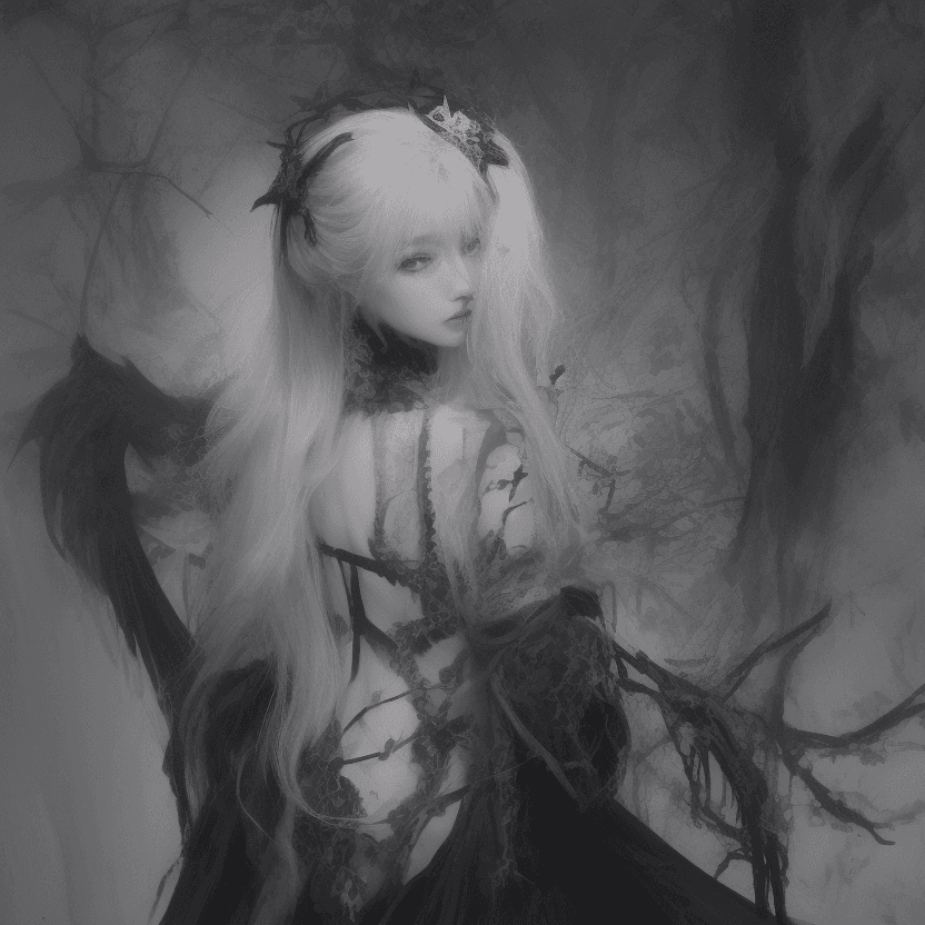 AI generated: a woman in a dark, gothic-inspired setting, with a focus on her striking appearance and attire. Her ...