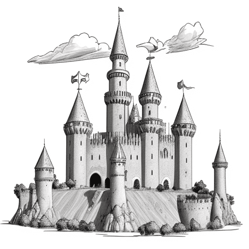AI generated: Dibujo para colorear de un castillo medieval con dos empanadas gigantes simulando ser torres de guar...