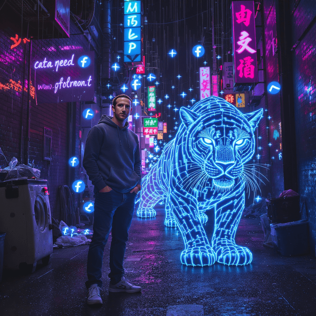 AI generated: A cinematic scene of Mark Zuckerberg in casual clothes — jeans, sneakers, a grey hoodie — standing i...