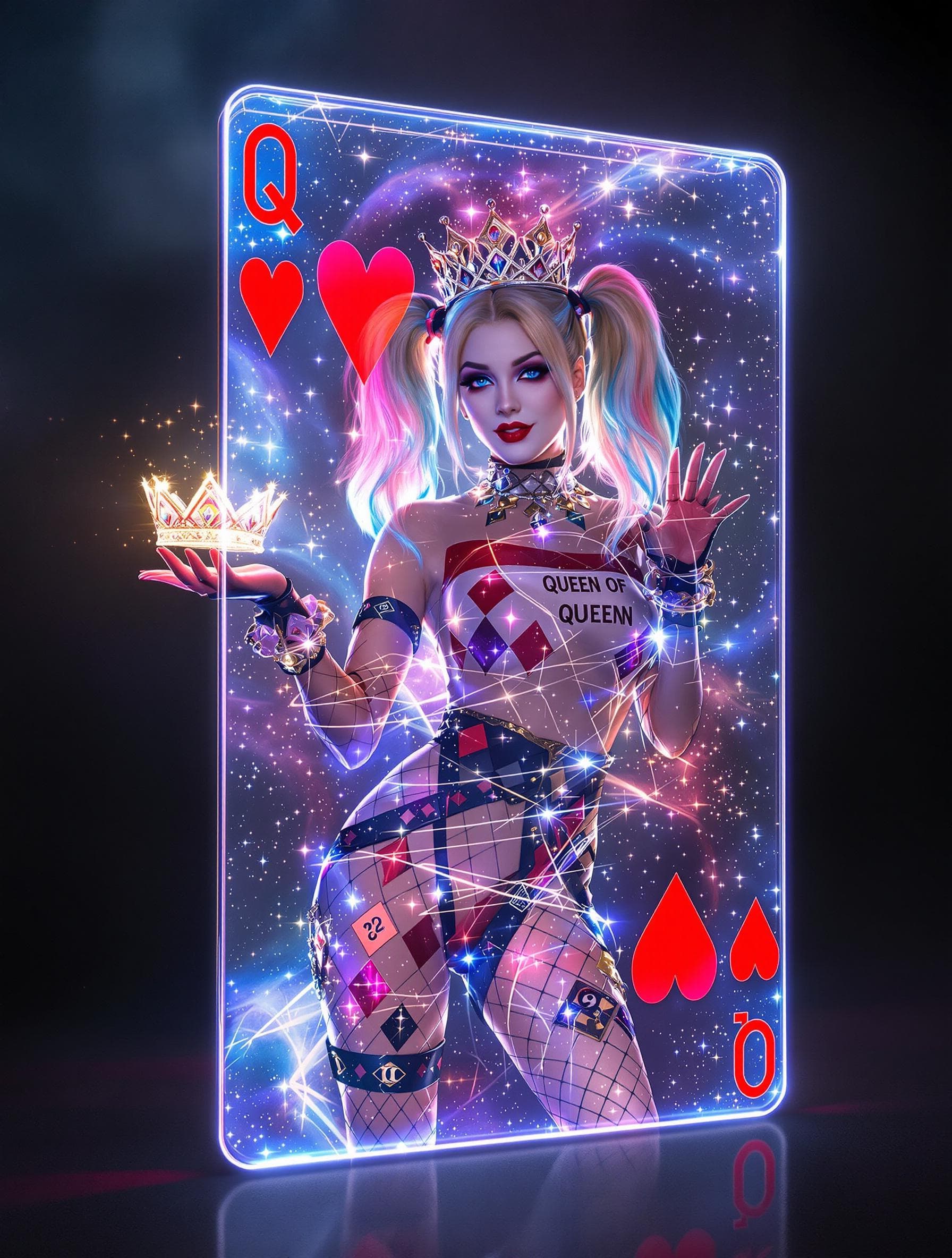 AI generated: The Queen of Hearts card floats vertically in midair, appearing as an ethereal holographic projectio...