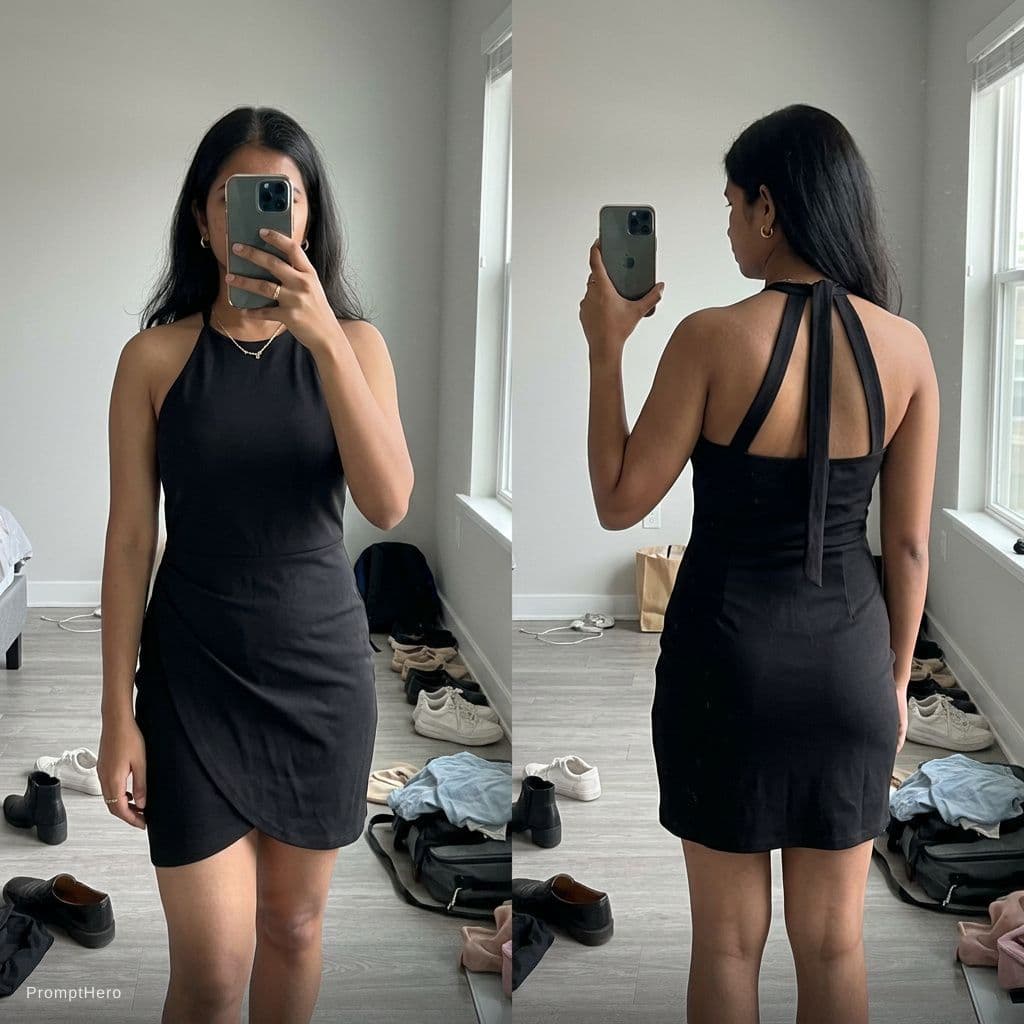 AI generated: A young woman of Indian descent, mid-30s, is posing in a black, sleeveless, cut-out mini-dress.  The...