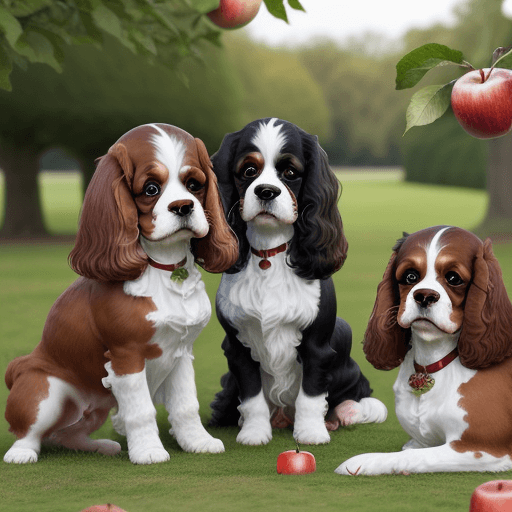 AI generated: 4 King Charles Cavalier Spaniels: 2 Tricolour and 2 Blenheim playing with apples