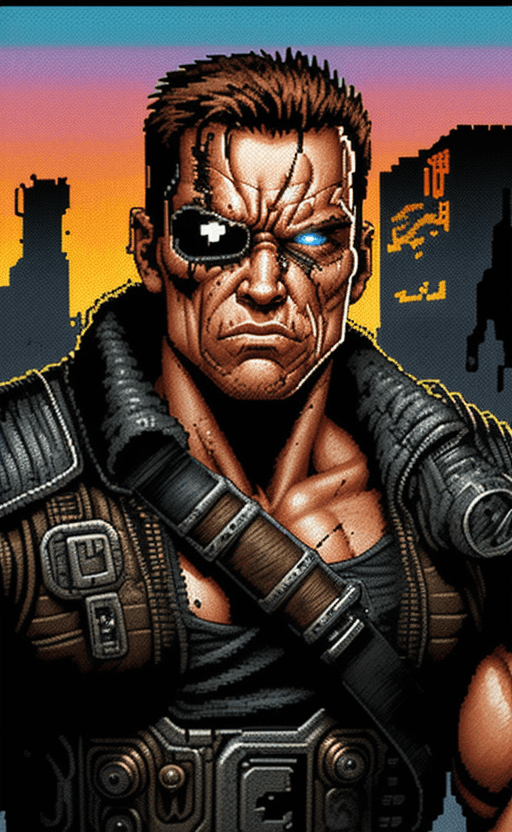 AI generated: A portrait Avatar of Terminator as an 8-bit Vintage Retro Pixelated Style Game, mad max post apocaly...