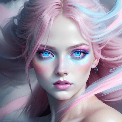 AI generated: portrait of a woman covered in cloud of smoke, blue eyes, whirlwind, pink highlight colors, pink mak...