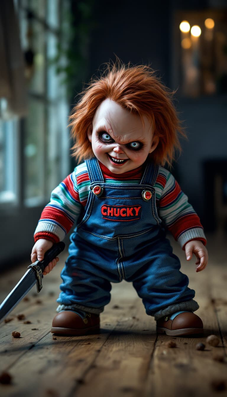 AI generated: « Image photoréaliste épique représentant Chucky debout sur un sol domestique en bois, couteau ensan...